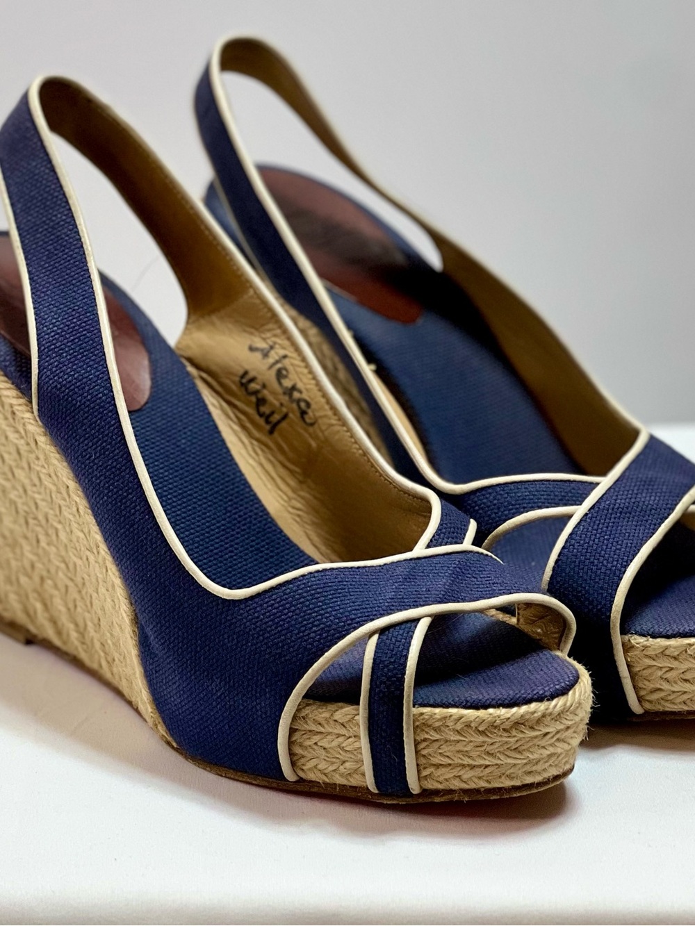 Christian Louboutin Navy Espadrille Wedge Slingback Heels with Cream Trim